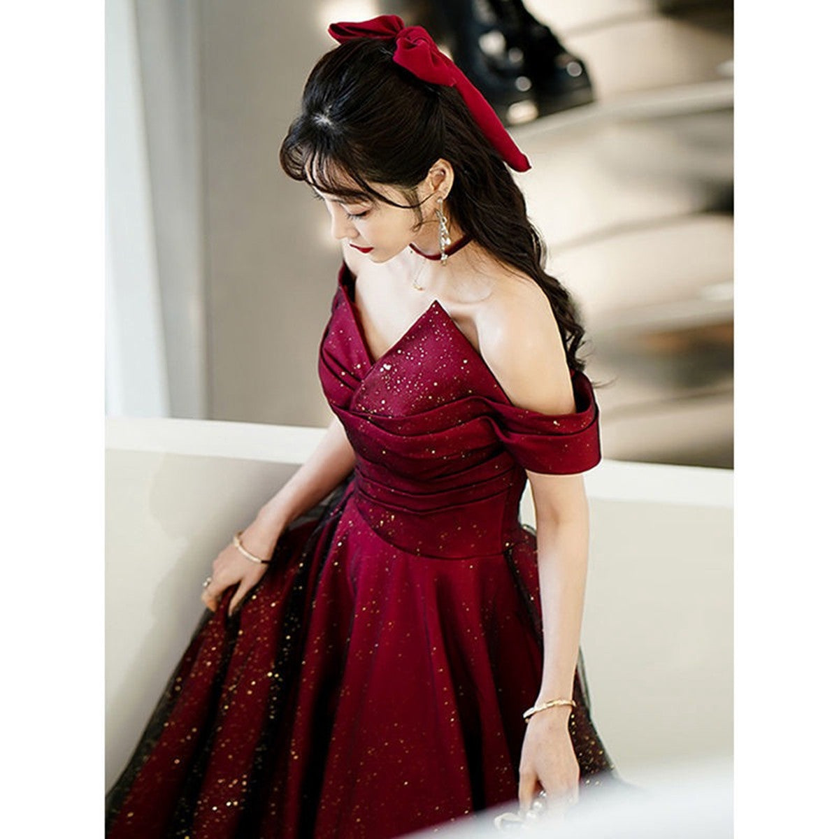 Wine Red And Black Off Shoulder Satin Prom Dress, Red And Black Long Prom Dresses