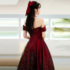 Wine Red And Black Off Shoulder Satin Prom Dress, Red And Black Long Prom Dresses
