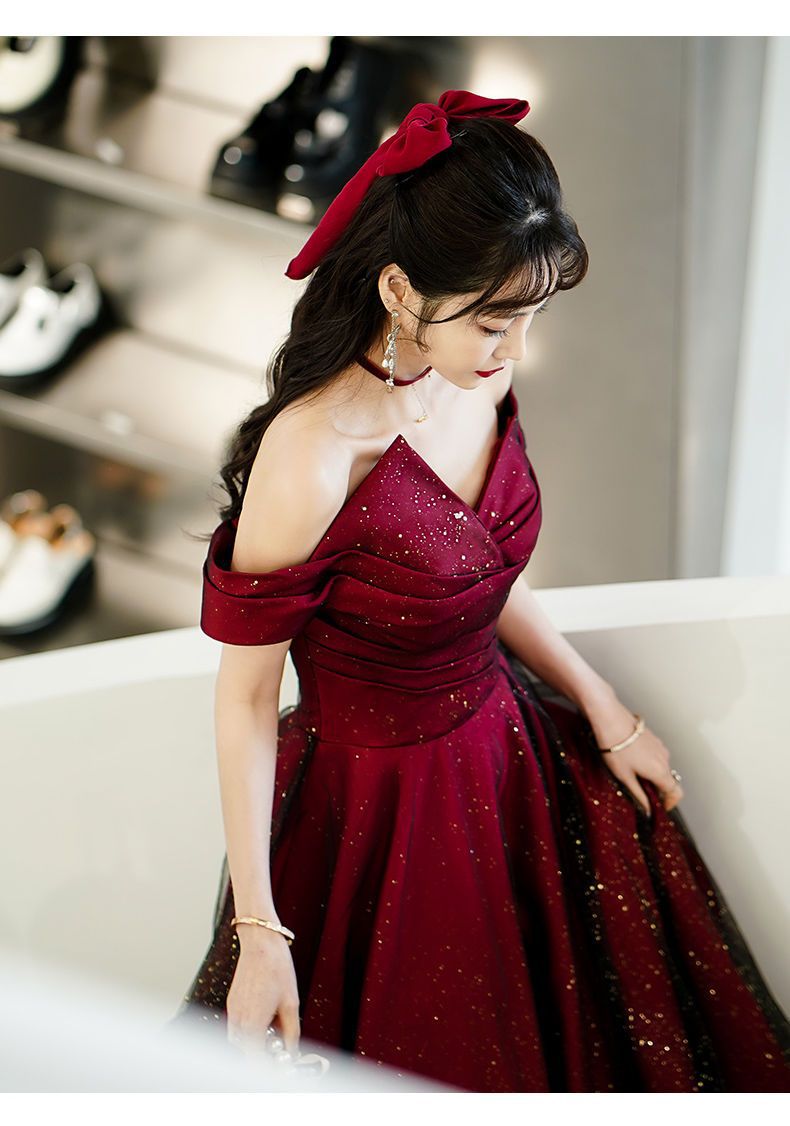 Wine Red And Black Off Shoulder Satin Prom Dress, Red And Black Long Prom Dresses