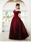 Wine Red And Black Off Shoulder Satin Prom Dress, Red And Black Long Prom Dresses