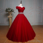 Wine Red Ball Gowns Off Shoulder Beaded Prom Dress, Tulle Off Shoulder Prom Dresses