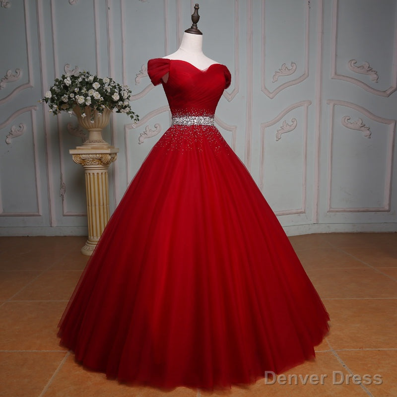 Wine Red Ball Gowns Off Shoulder Beaded Prom Dress, Tulle Off Shoulder Prom Dresses