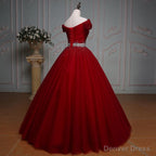 Wine Red Ball Gowns Off Shoulder Beaded Prom Dress, Tulle Off Shoulder Prom Dresses