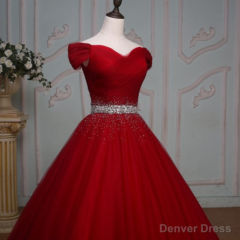 Wine Red Ball Gowns Off Shoulder Beaded Prom Dress, Tulle Off Shoulder Prom Dresses