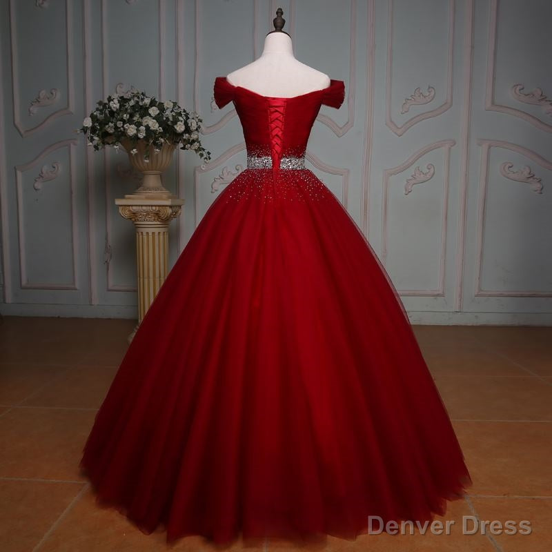 Wine Red Ball Gowns Off Shoulder Beaded Prom Dress, Tulle Off Shoulder Prom Dresses