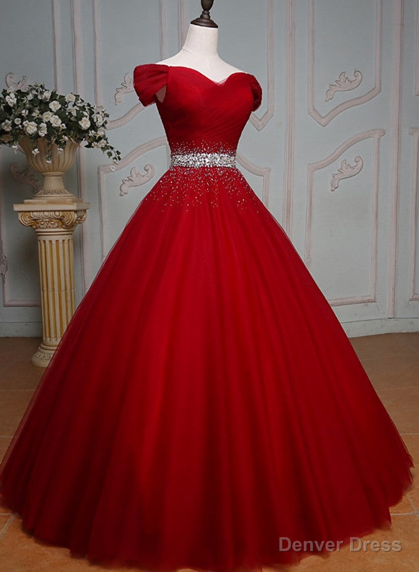Wine Red Ball Gowns Off Shoulder Beaded Prom Dress, Tulle Off Shoulder Prom Dresses
