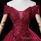 Wine Red Ball Gowns Sweetheart Off Shoulder Long Prom Dress, Wine Red Sweet 16 Dresses