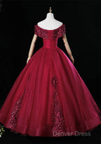 Wine Red Ball Gowns Sweetheart Off Shoulder Long Prom Dress, Wine Red Sweet 16 Dresses