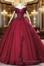 Wine Red Ball Gowns Sweetheart Off Shoulder Long Prom Dress, Wine Red Sweet 16 Dresses