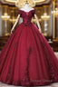 Wine Red Ball Gowns Sweetheart Off Shoulder Long Prom Dress, Wine Red Sweet 16 Dresses
