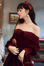 Wine Red Beaded Puffy Sleeves Long Prom Dress, Wine Red Velvet A-Line Prom Dresses