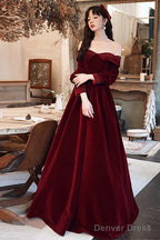 Wine Red Beaded Puffy Sleeves Long Prom Dress, Wine Red Velvet A-Line Prom Dresses