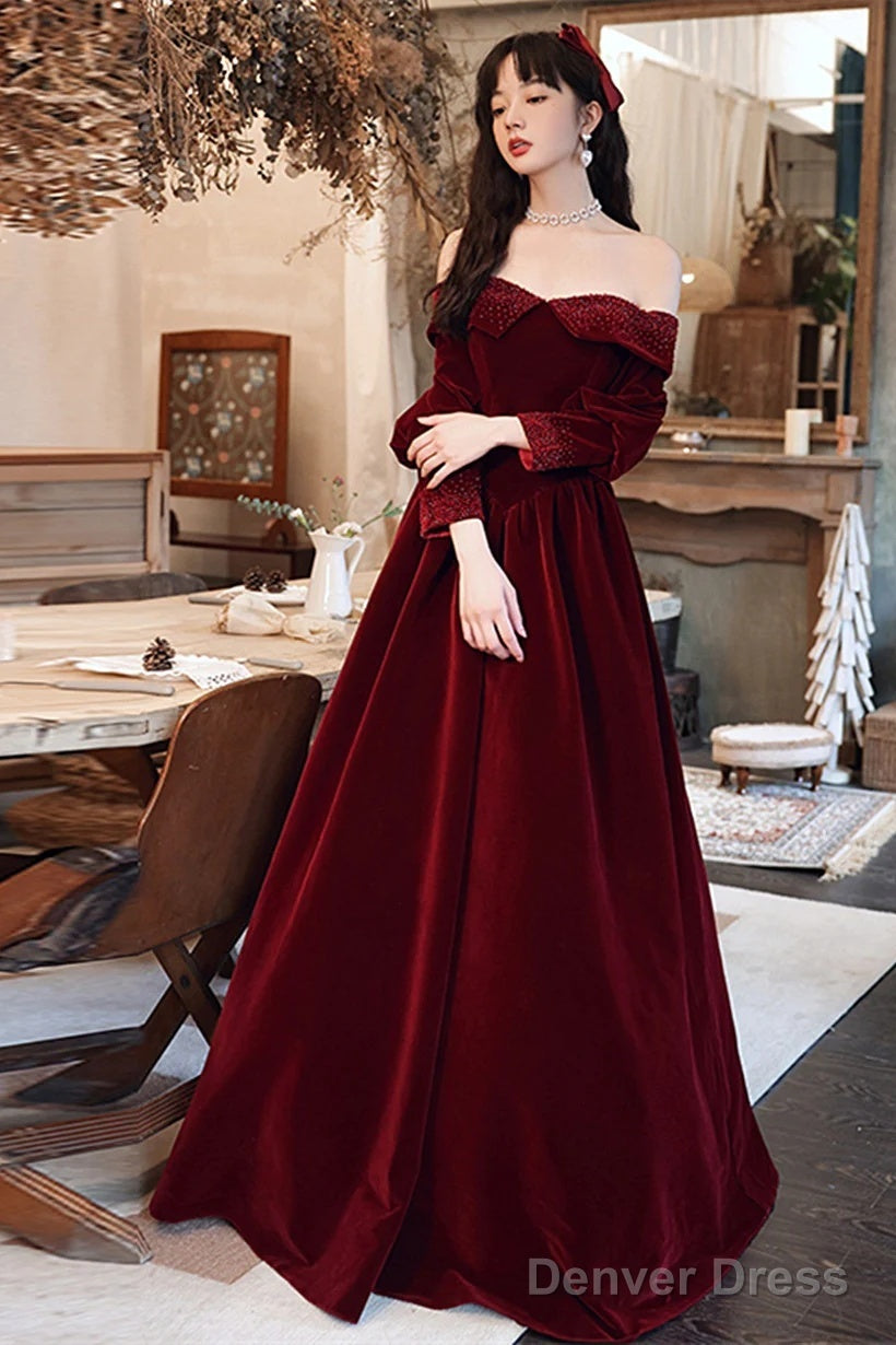 Wine Red Beaded Puffy Sleeves Long Prom Dress, Wine Red Velvet A-Line Prom Dresses
