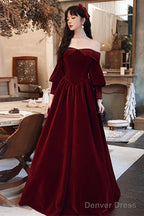 Wine Red Beaded Puffy Sleeves Long Formal Dress, Wine Red Velvet A-Line Party Dress