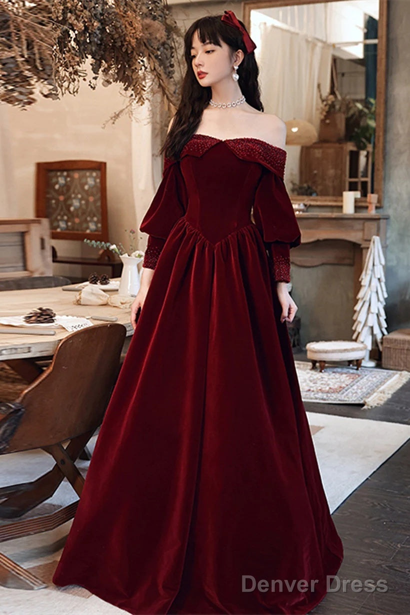 Wine Red Beaded Puffy Sleeves Long Formal Dress, Wine Red Velvet A-Line Party Dress
