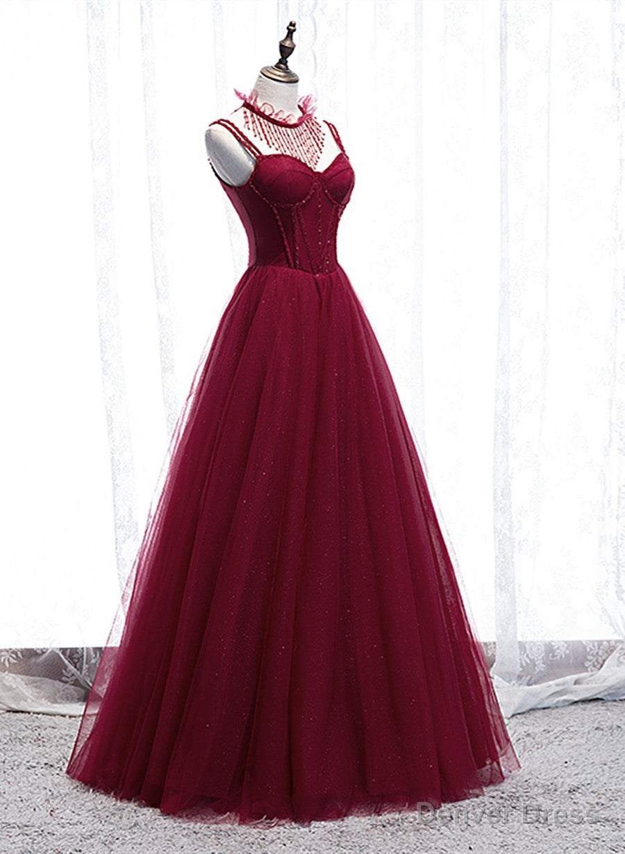 Wine Red Beaded Straps Prom Dress Prom Dress, Beaded Tulle Prom Dresses Main image