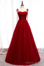 Wine Red Beaded Sweetheart Tulle Floor Length Party Dress, Wine Red Long Prom Dress