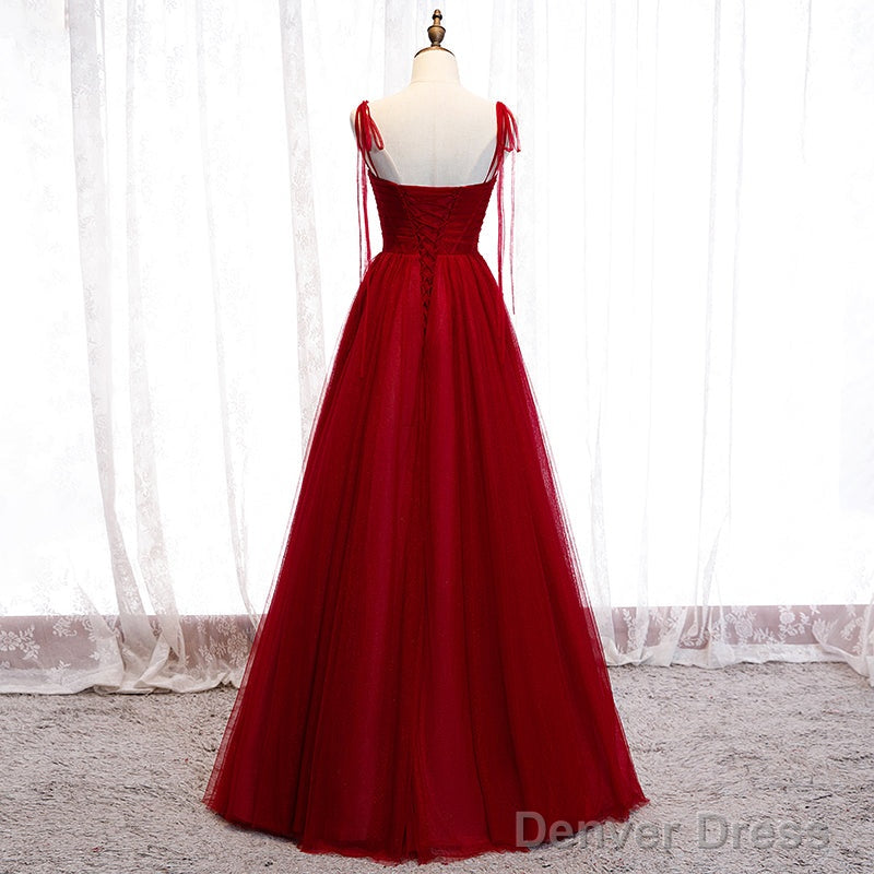 Wine Red Beaded Sweetheart Tulle Floor Length Party Dress, Wine Red Long Prom Dress