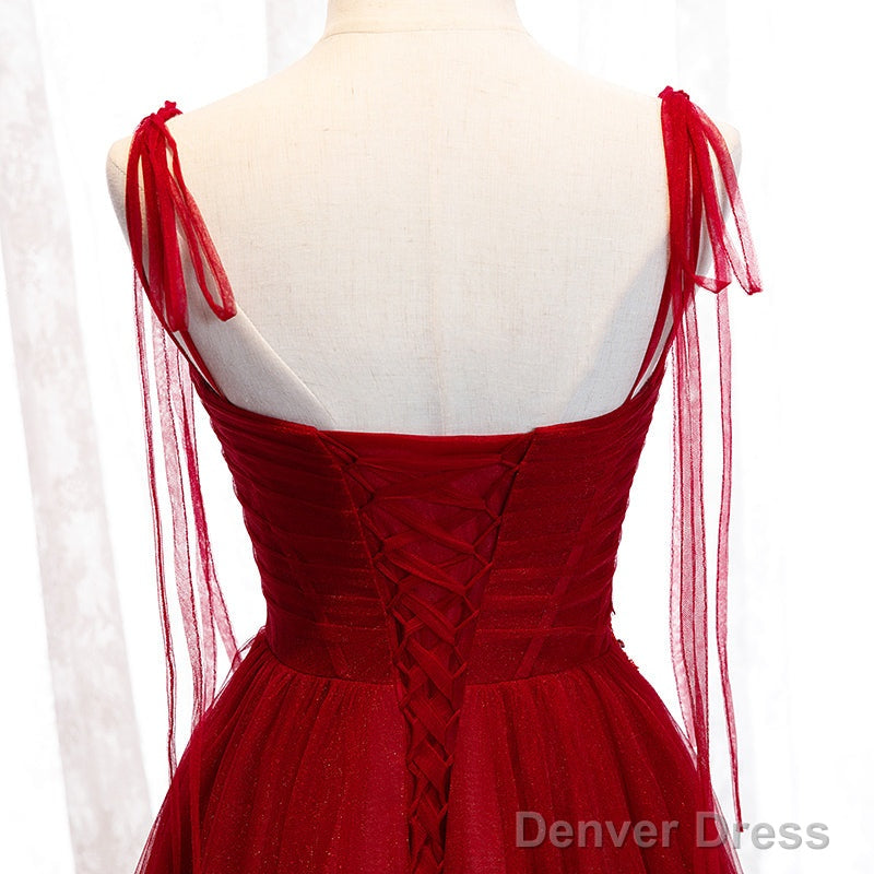 Wine Red Beaded Sweetheart Tulle Floor Length Party Dress, Wine Red Long Prom Dress