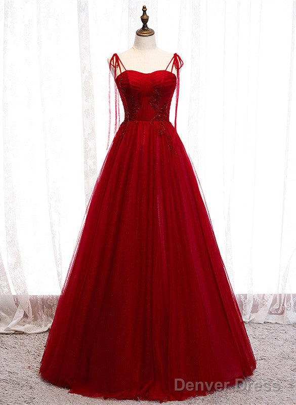 Wine Red Beaded Sweetheart Tulle Floor Length Party Dress, Wine Red Long Prom Dress