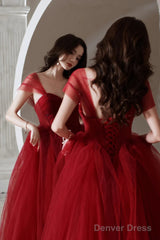 Wine Red Beaded Sweetheart Tulle Long Evening Dress, Wine Red Formal Dress Prom Dress