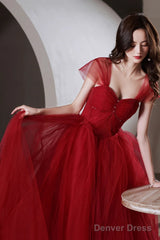 Wine Red Beaded Sweetheart Tulle Long Evening Dress, Wine Red Formal Dress Prom Dress