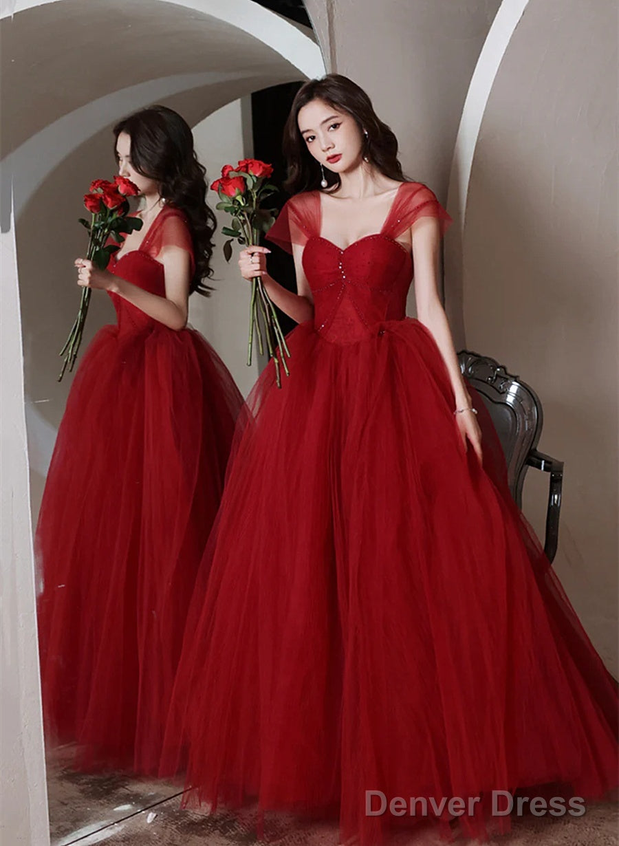 Wine Red Beaded Sweetheart Tulle Long Evening Dress, Wine Red Formal Dress Prom Dress Main image