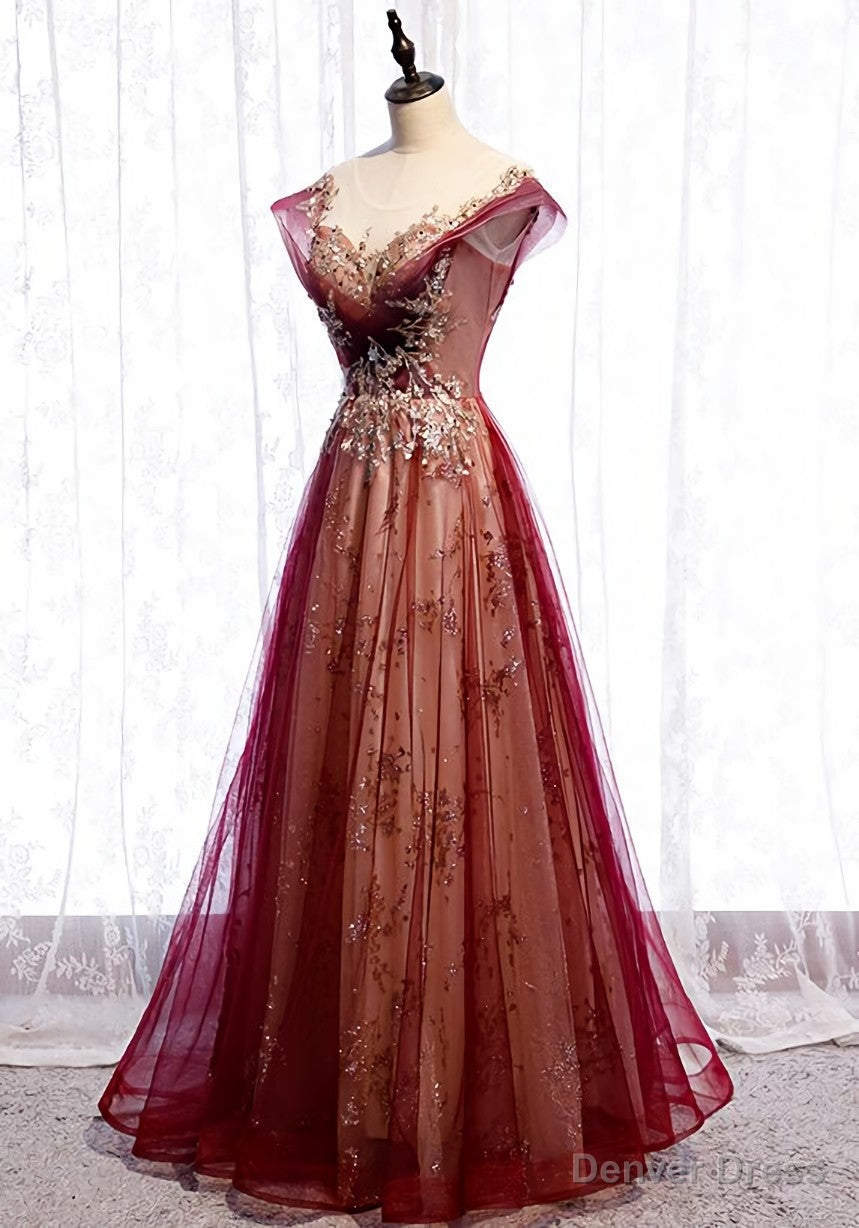 Wine Red Cap Sleeves Tulle with Lace Applique Prom Dress, Wine Red Prom Dress