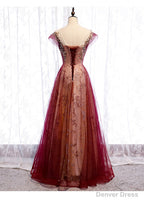 Wine Red Cap Sleeves Tulle with Lace Applique Prom Dress, Wine Red Prom Dress