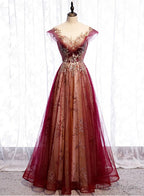 Wine Red Cap Sleeves Tulle with Lace Applique Prom Dress, Wine Red Prom Dress