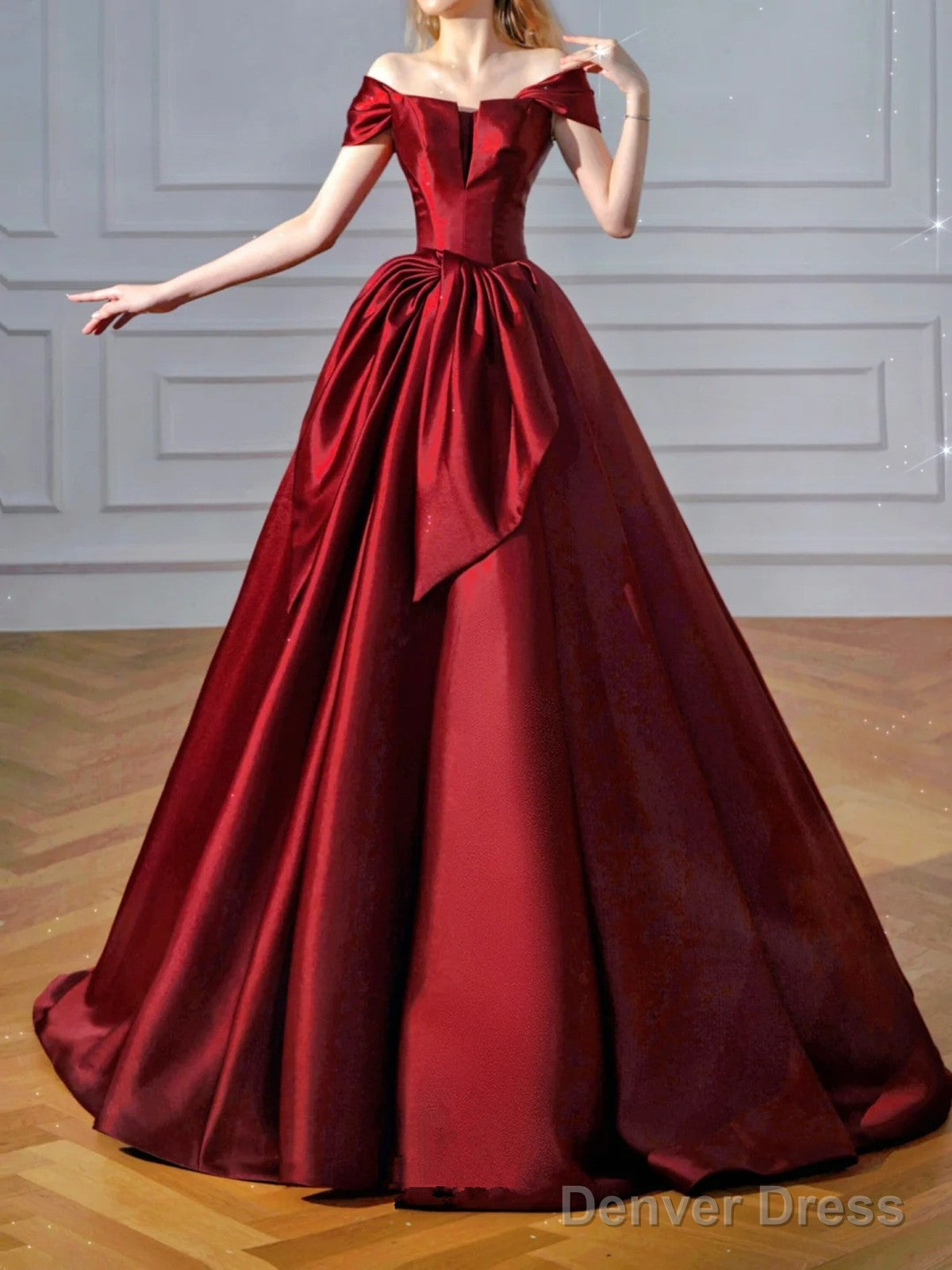 Wine Red Chic Off Shoulder Satin Party Dress, Wine Red Satin Long Prom Dress