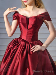 Wine Red Chic Off Shoulder Satin Party Dress, Wine Red Satin Long Prom Dress