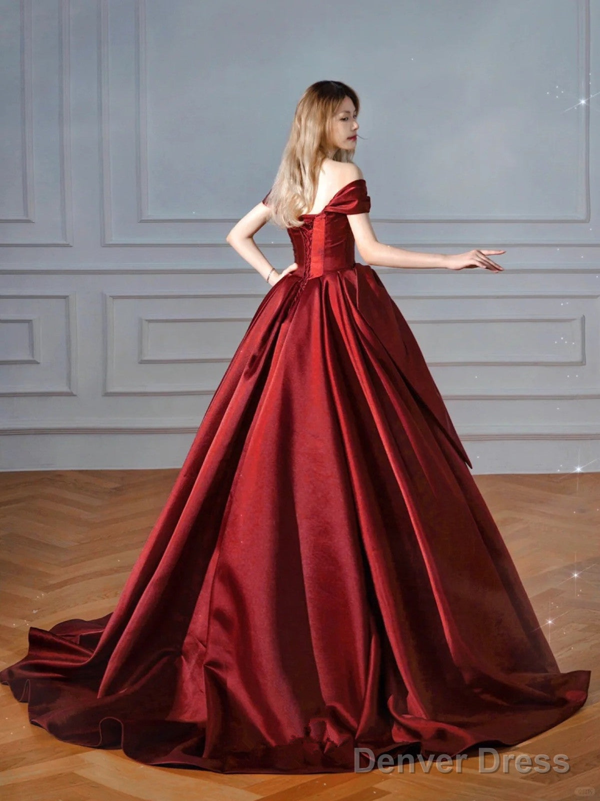 Wine Red Chic Off Shoulder Satin Party Dress, Wine Red Satin Long Prom Dress