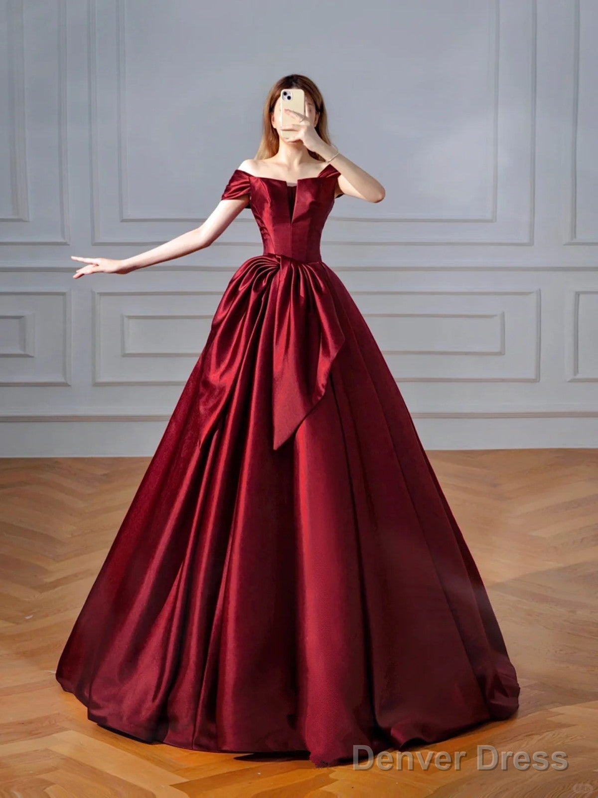 Wine Red Chic Off Shoulder Satin Party Dress, Wine Red Satin Long Prom Dress Main image