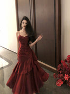 Wine Red Chic Satin Mermaid Sweetheart Long Prom Dress, Wine Red Satin Prom Dresses