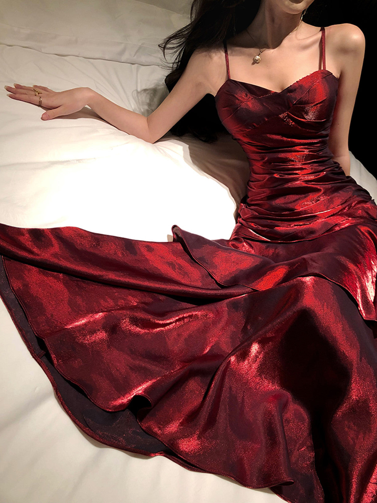 Wine Red Chic Satin Mermaid Sweetheart Long Prom Dress, Wine Red Satin Prom Dresses Secondary image
