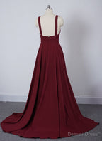 Wine Red Chiffon High Slit Long Prom Dress, Charming Long Straps Bridesmaid Dresses