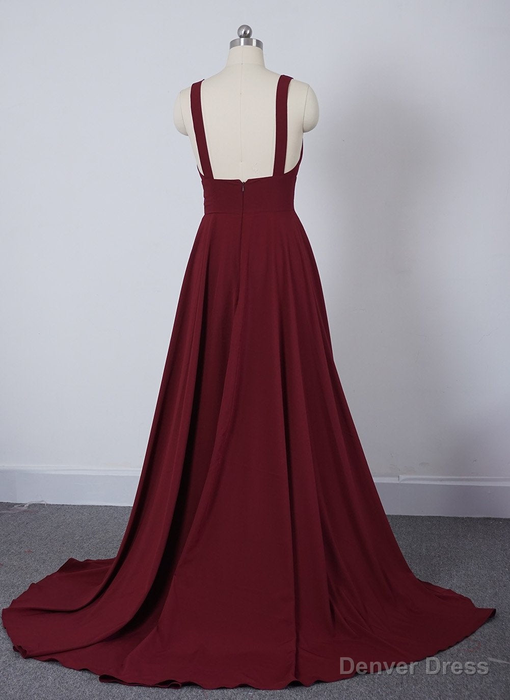 Wine Red Chiffon High Slit Long Prom Dress, Charming Long Straps Bridesmaid Dresses