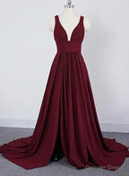 Wine Red Chiffon High Slit Long Prom Dress, Charming Long Straps Bridesmaid Dresses