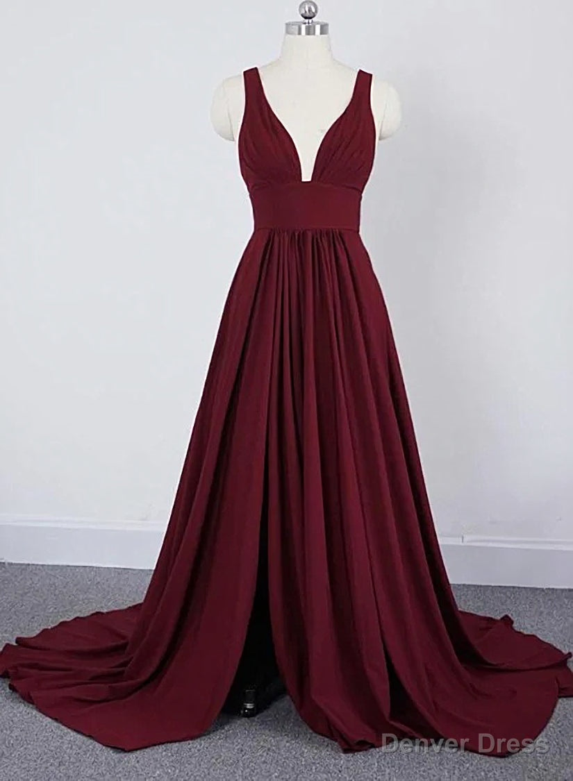 Wine Red Chiffon High Slit Long Prom Dress, Charming Long Straps Bridesmaid Dresses