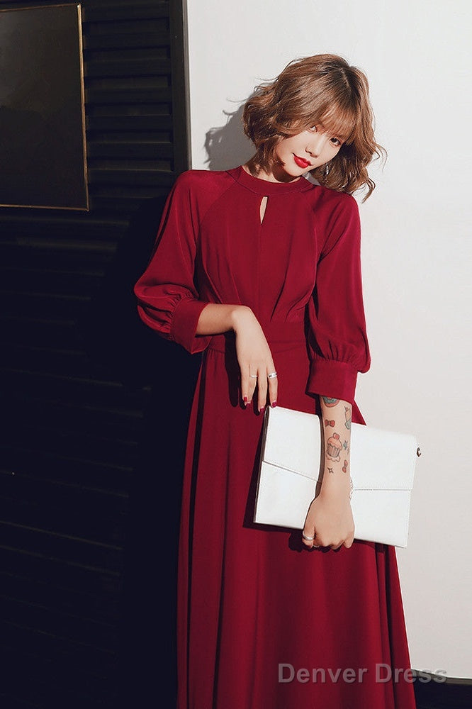 Wine Red Chiffon Long Sleeves Formal Dress, Wine Red Long Prom Dress Secondary image