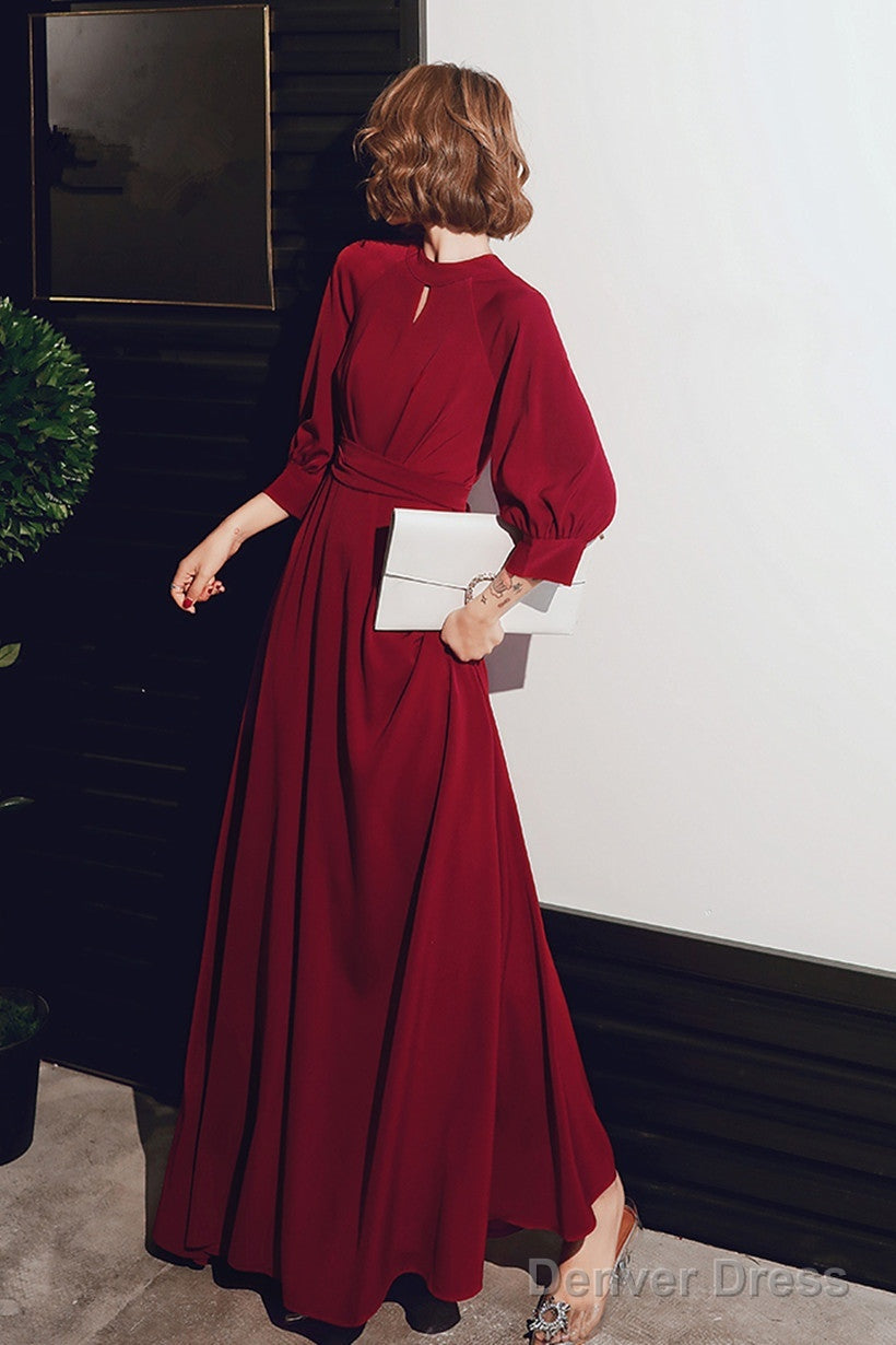 Wine Red Chiffon Long Sleeves Formal Dress, Wine Red Long Prom Dress