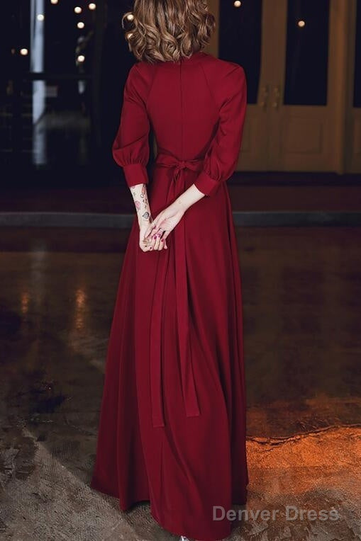 Wine Red Chiffon Long Sleeves Formal Dress, Wine Red Long Prom Dress