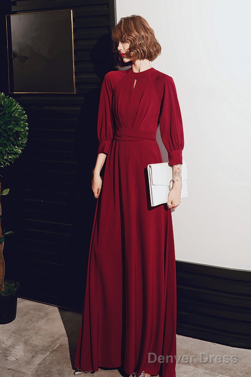 Wine Red Chiffon Long Sleeves Formal Dress, Wine Red Long Prom Dress Main image