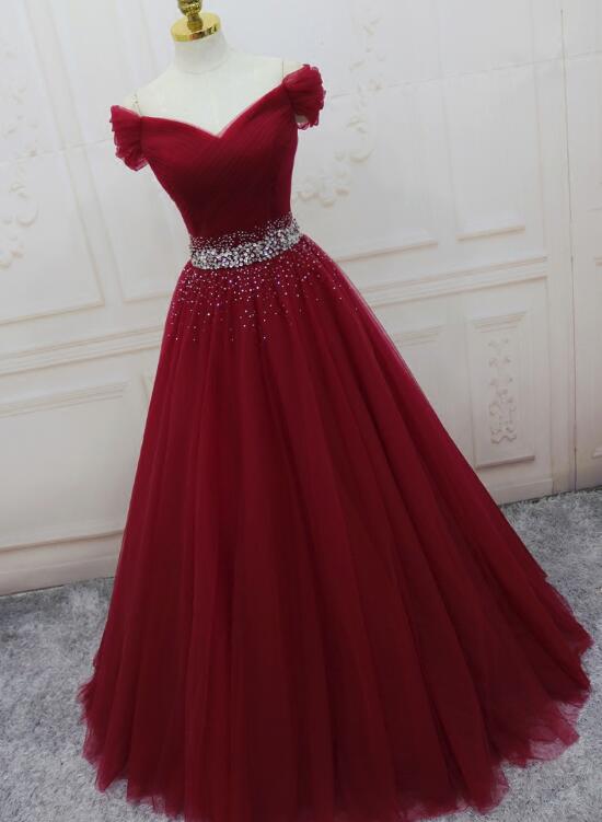 Wine Red Elegant Princess Gowns, Handmade Off Shoulder Ball Gown, Prom Dresses Main image