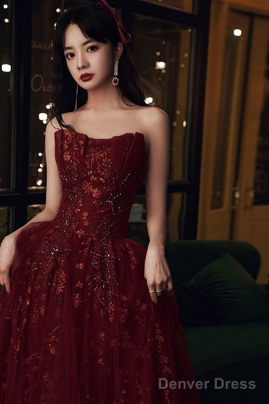 Wine Red Floral Lace And Tulle Long Evening Gown Party Dress, Burgundy Formal Dresses