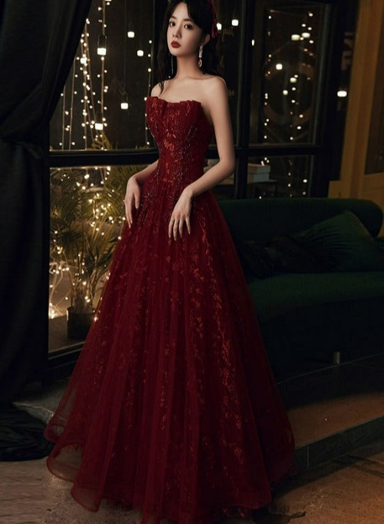 Wine Red Floral Lace And Tulle Long Prom Gowns Prom Dress, Burgundy Prom Dresses 2026 Main image