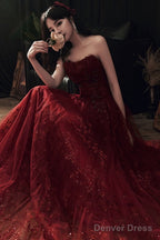 Wine Red Floral Lace And Tulle Long Evening Gown Party Dress, Burgundy Formal Dresses