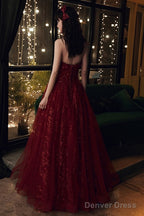 Wine Red Floral Lace And Tulle Long Evening Gown Party Dress, Burgundy Formal Dresses