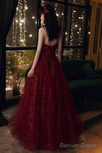 Wine Red Floral Lace And Tulle Long Prom Gowns Prom Dress, Burgundy Prom Dresses